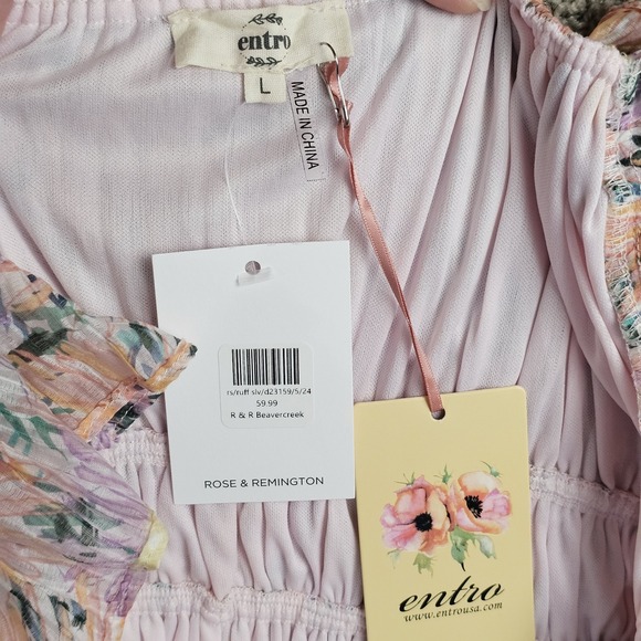 NWT Entro Mini Dress Womens L Floral Ruffle Sleeve Pink Orange Pastel - Picture 7 of 9